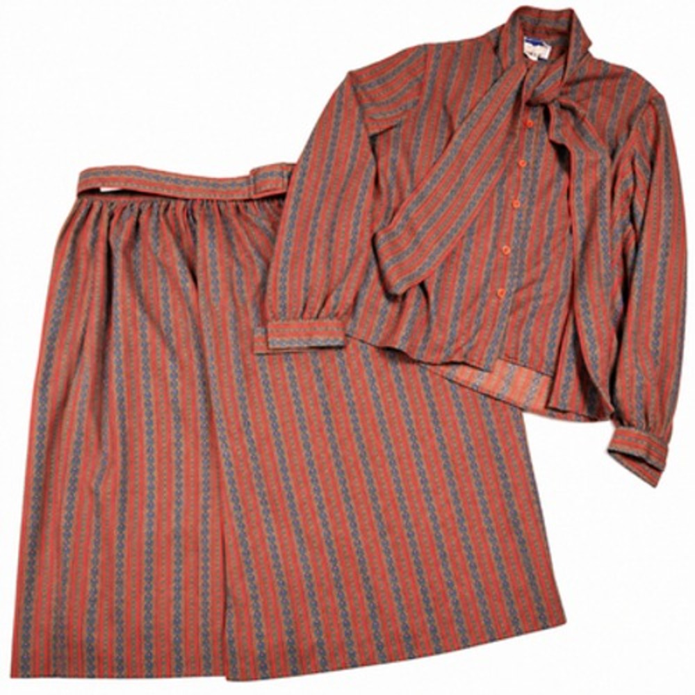 Vintage N.R.1 By Ned Gould Top Skirt Set Womens 14 Red Stripe Belted 2 Piece 80s